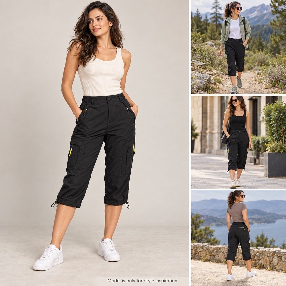 Cargo Capri Pants Womens 4 Black Nylon Stretch Hiking Outdoor Travel Zip Pockets